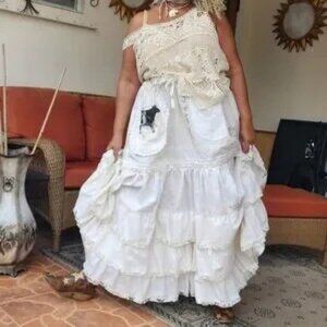 FINAL💛Boho Ruffle Maxi Skirt Patchwork Upcycled Antique Lace Magnolia Style